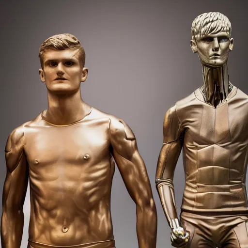 Prompt: a realistic detailed photo of a guy who is an attractive humanoid who is half robot and half humanoid, who is a male android, soccer players martin ødegaard & timo werner, shiny skin, posing like a statue, blank stare, in a museum, on display, showing off his muscles, gold soccer shorts, no jersey, ground view, ceramic statue