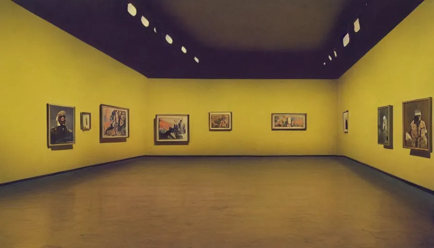 Prompt: 60s movie still of a sovietic stalinist style empty art museum with a soviet congress with yellow wall, technicolor, liminal Space style, heavy grain