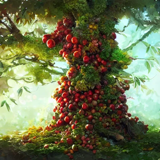 Prompt: tree made of fruits, by stanley artgerm lau, wlop, rossdraws, james jean, andrei riabovitchev, marc simonetti, yoshitaka amano, artstation, cgsociety