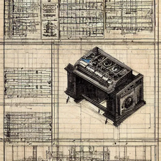 Prompt: leonardo da vinci intricate full page scan blueprint of a looper music equipment