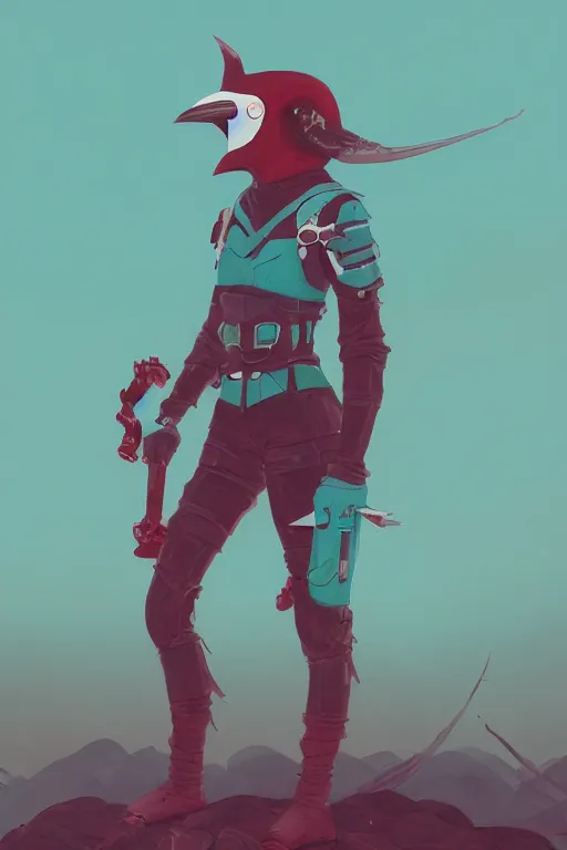 Prompt: female adventurer in tight full - body teal leather armor of japanese design with red accents and a white porcelain crow mask, trending in artstation, japanese, by simon stalenhag, establishing shot