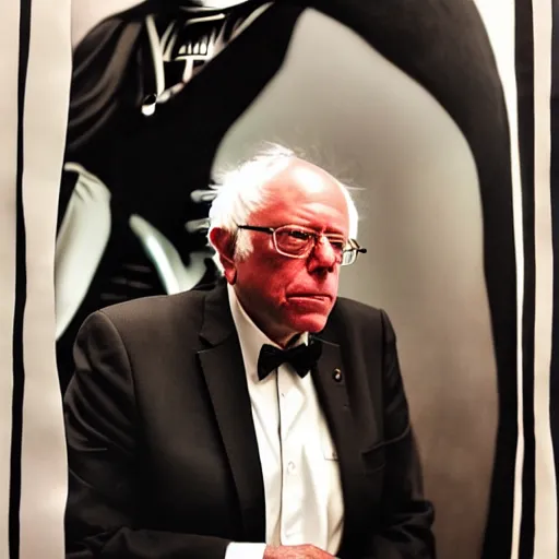 Image similar to bernie sanders wearing darth vader costume. photo portrait by Annie Leibowitz