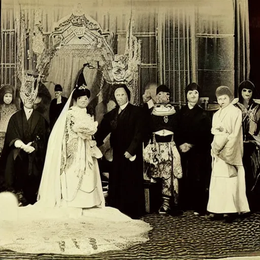 Image similar to A wide full shot, colored black and White Russian and Japanese mix historical fantasy a photograph portrait taken of inside a royal wedding shrine of the aisle, 1907 photo from the official wedding photographer for the royal wedding.