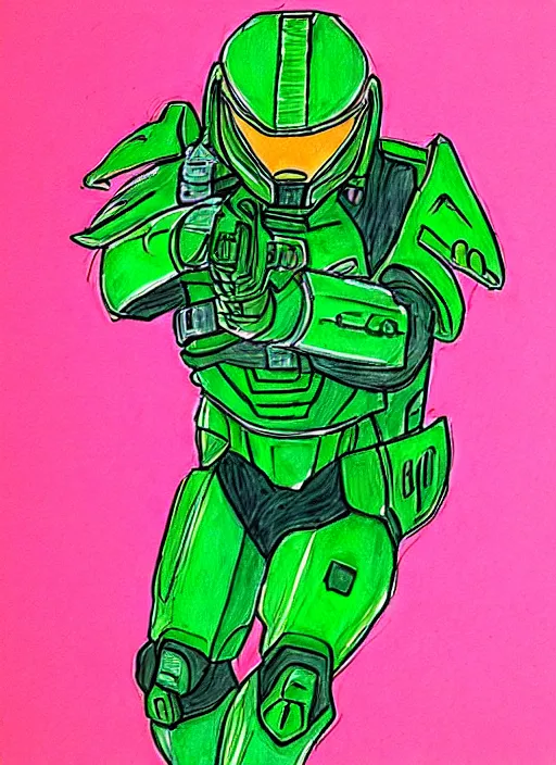 Prompt: green master chief drawn with markers on a pink background