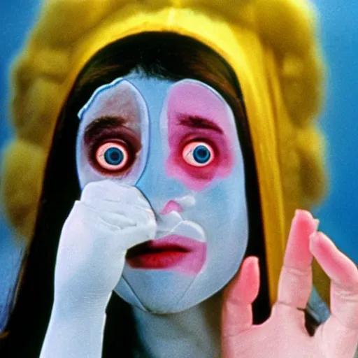 Prompt: woman with prosthetic nose enters an eyeball cult, 1973 live-action children's tv show, color