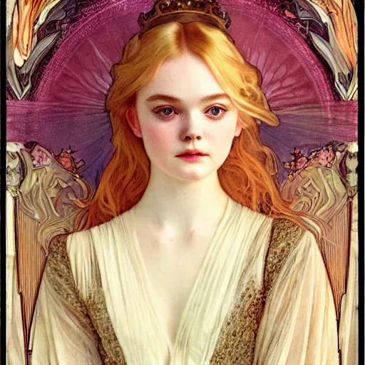 Image similar to elle fanning portrait by louis - theophile hingre and alphonse mucha, realistic, sharp focus, zodiac signs, tarot cards, planets, ethereal, art nouveau, magic, moon, sun, crown, dreamy, royal, jewellery