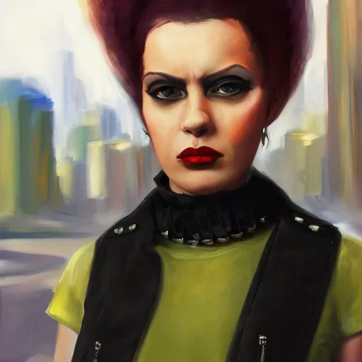 Prompt: oil painting of punk woman wearing large belt collar around neck, standing in city area, 4 k, artstation