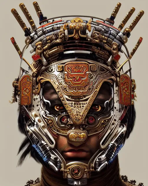 Prompt: portrait of a mayan masculine male cyberpunk jaguar warrior, machine face, upper half portrait, decorated with chinese opera motifs, muscular, asian, fine china, wuxia, traditional chinese art, intricate intense elegant, highly detailed symmetry headpiece digital painting artstation concept art smooth sharp focus illustration, art by artgerm and greg rutkowski alphonse mucha 8 k
