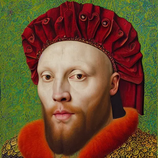 Image similar to portrait of a king with a lions head for a head, oil painting by jan van eyck, alex great, android jones, chris dyer, and aaron brooks, northern renaissance art, oil on canvas, wet - on - wet technique, realistic, expressive emotions, intricate textures, illusionistic detail