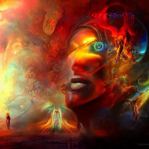 Image similar to dmt trip interdimensional beings reveal the truth by raymond swanland, highly detailed, bright tones