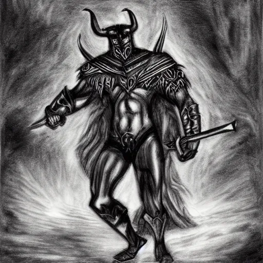 Prompt: a noble, fierce Minotaur warrior with black fur, fantasy drawing