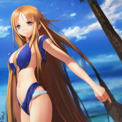 Image similar to a very beautiful mature yuuki asuna, full body, long wavy blond hair, sky blue eyes, full round face, bikini, miniskirt, front view, mid - shot, highly detailed, cinematic wallpaper by stanley artgerm lau