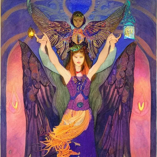 Image similar to queen of the dawn with her wings and her lantern, by Annie Swynnerton and Nicholas Roerich and Diego Rivera, bioluminescent skin, floral tattoos, elaborate costume, geometric ornament, symbolist, soft colors, smooth, sharp focus, extremely detailed