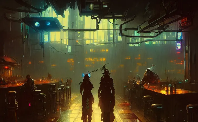 Prompt: a cyberpunk tavern with rainy and moody cinematic lighting by darek zabrocki and greg ruthkowski, alphonse mucha, simon stalenhag and cinematic and blue cold atmospheric, concept art, artstation, trending on artstation