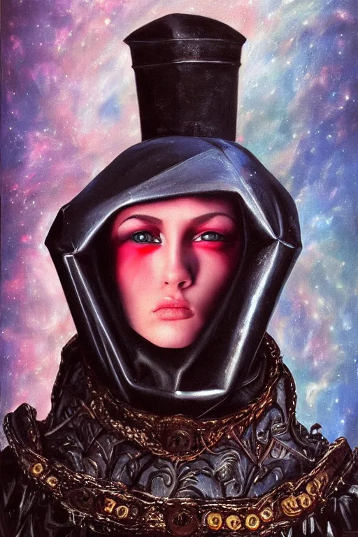 Image similar to hyperrealism oil painting, close - up portrait of european medieval brunette vampire fashion model, knight, steel gradient mixed with nebula sky, in style of baroque