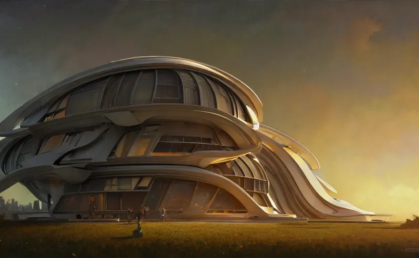 Image similar to exterior shot of utopian architecture laboratory with cinematic lighting by zaha hadid and renzo piano, darek zabrocki and greg ruthkowski, alphonse mucha, simon stalenhag, cinematic, lambda shape, scifi, futurism, atmospheric, sunset, concept art, artstation, trending on artstation