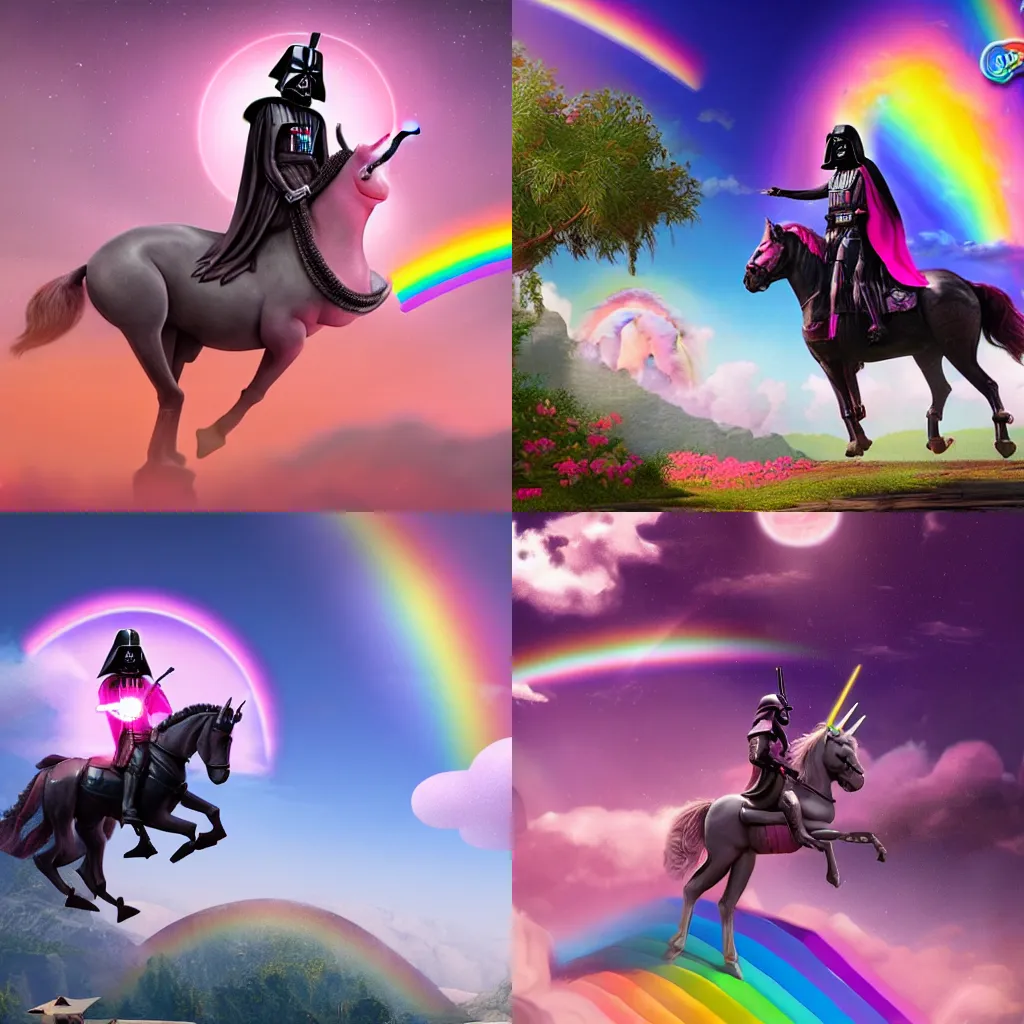 Prompt: highly detailed realistic matte painting of a pink darth vader riding a unicorn over a rainbow by lisa frank, unreal engine, concept art, CGsociety, trending on artstation