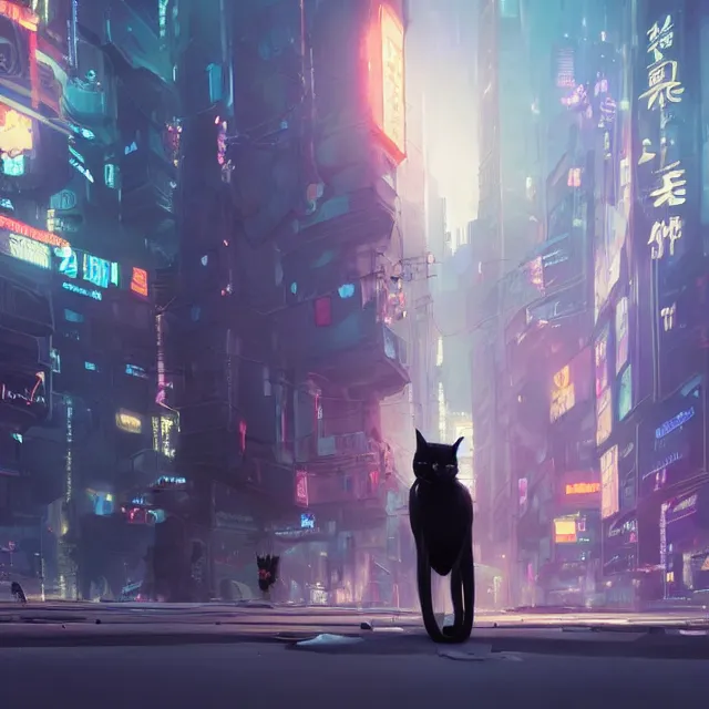 Image similar to a painting of a cute black cat in cyberpunk city. character design by cory loftis, fenghua zhong, ryohei hase, ismail inceoglu and ruan jia. volumetric light, detailed, rendered in octane