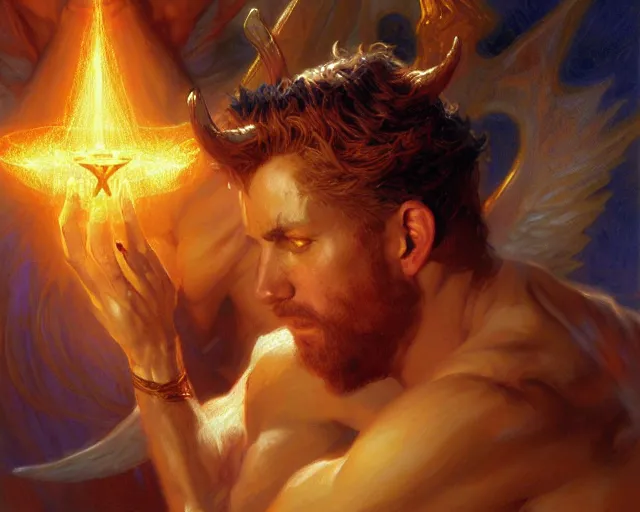 Image similar to attractive male deity, casting demonic magic, summoning handsome lucifer morning star. highly detailed painting by gaston bussiere, craig mullins, j. c. leyendecker 8 k