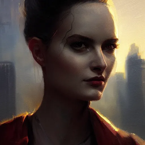 Prompt: closeup portrait of esme augusta bianco, dramatic lighting, city background, sunset, chiaroscuro, complementary contrast high detail, painted by greg rutkowski, painted by igor kieryluk, painted by bobby chiu, trending on artstation