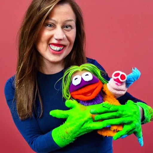 Prompt: a woman eating a muppet, next to a bowl full of muppets