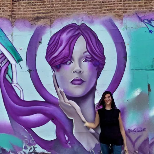 Prompt: a beautiful woman with ( ( ( ( purple hair ) ) ) ) in front of a spray painted murals in an alley in france