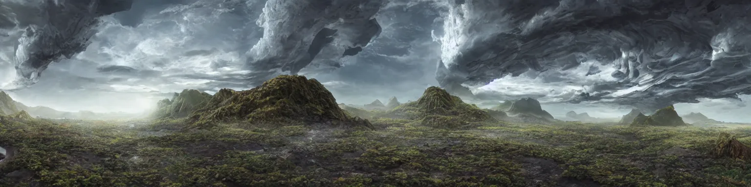 Image similar to an amazing scenic view from an alien world, photo. Hyperrealism