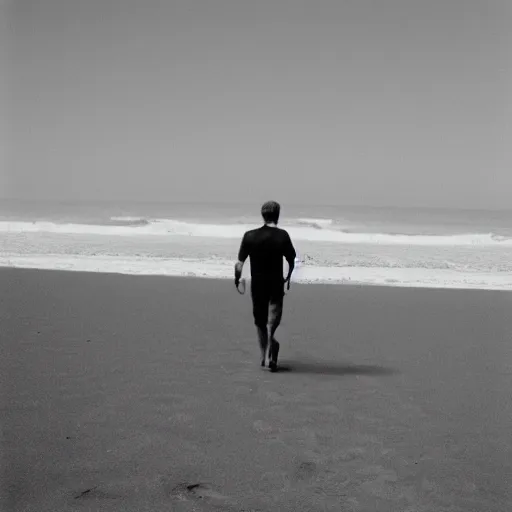 Image similar to a film photo of a man, athletic, walking on beach in Oregon, facing camera, Kodak gold 200 film