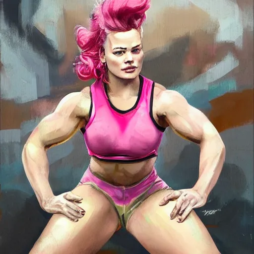 Image similar to greg manchess portrait of margot robbie as thick muscular weightlifter zarya from overwatch with ponytail and curly pink hair, medium shot, asymmetrical, profile picture, organic painting, sunny day, matte painting, bold shapes, hard edges, street art, trending on artstation, by huang guangjian and gil elvgren and sachin teng