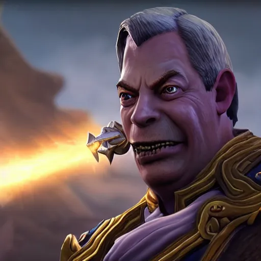 Prompt: nigel farage in world of warcraft, splash art, movie still, cinematic lighting, dramatic, octane render, long lens, shallow depth of field, bokeh, anamorphic lens flare, 8 k, hyper detailed, 3 5 mm film grain