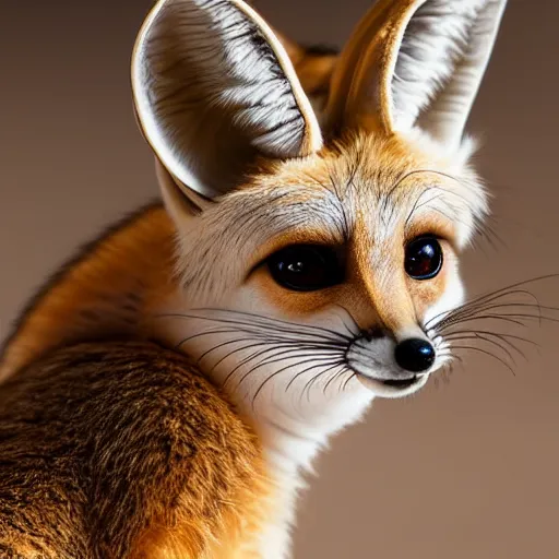 Prompt: close-up portrait of a fennec fox, hyper-realistic, incredibly detailed, highly textured, very beautiful, high contrast studio lighting, 50mm lens