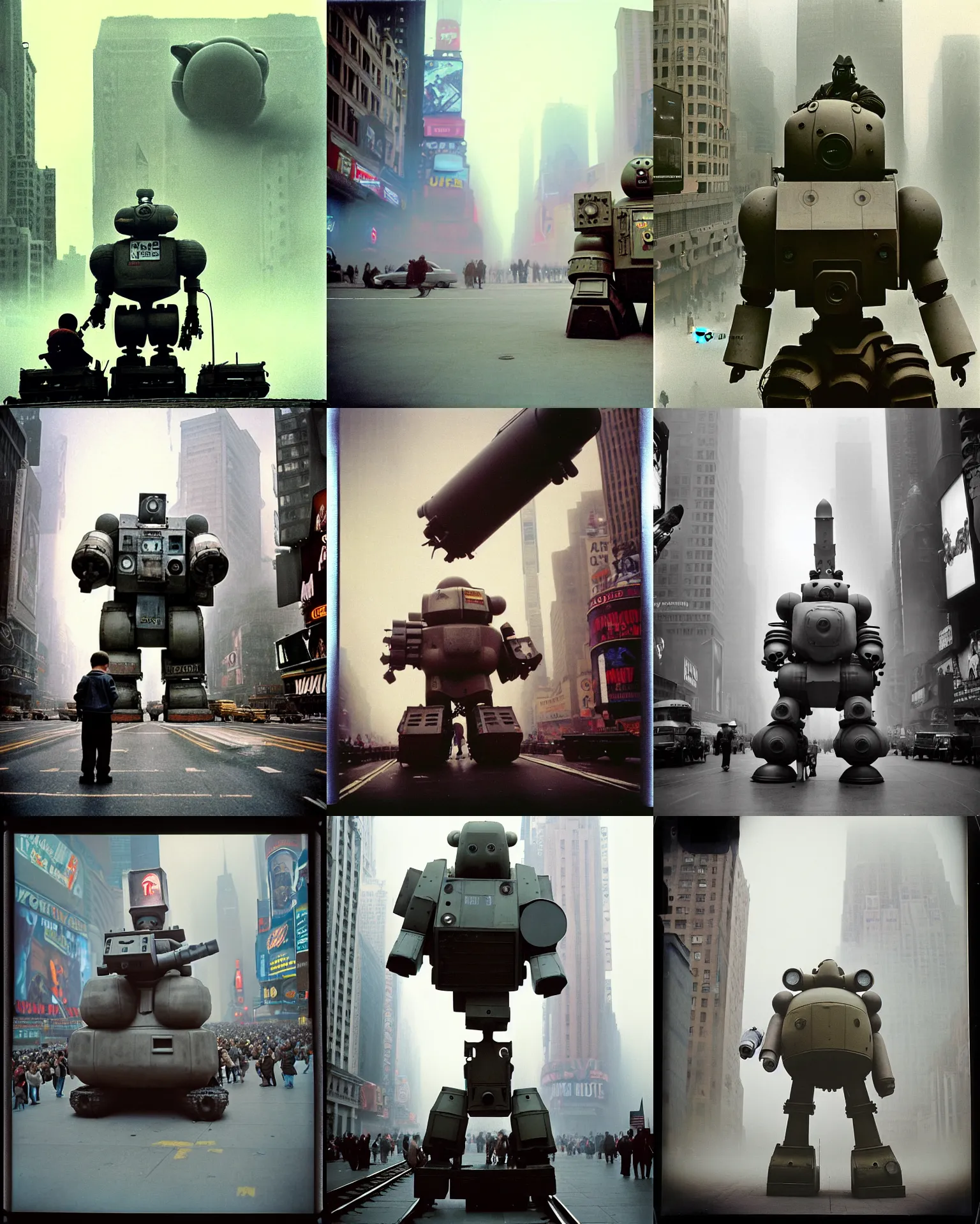 Prompt: giant oversized battle chubby robot rabbit mech as war train nuclear bomb rocket launcher machine baby on a times square, Cinematic focus, Polaroid photo, vintage, neutral dull colors, soft lights, very foggy mist , full body, by Steve Hanks, by Serov Valentin, by lisa yuskavage, by Andrei Tarkovsky