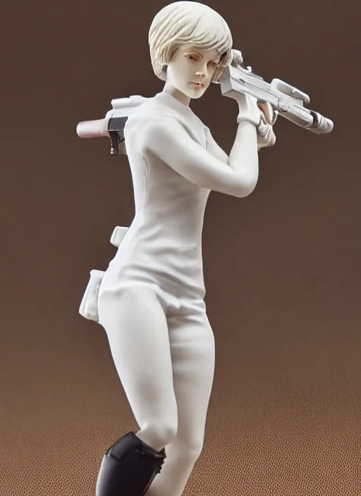 Prompt: Image on the store website, eBay, Wonderfully detailed 80mm Resin figure of a girl in white with a gun.