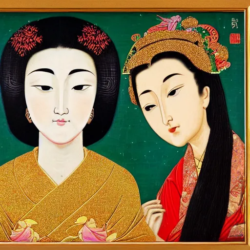 Image similar to portrait of 2 different asian looking girls, close up, one look away, one is holding lotus flower, in iconography style, theophanes the greek, glitter, chinese ornament dress, wooden frame, bright colors