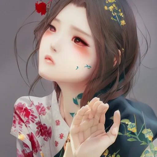 Image similar to realistic beautiful gorgeous natural cute drunk girl in kimono art drawn full HD 4K highest quality in artstyle by professional artists WLOP, Taejune Kim, yan gisuka, JeonSeok Lee, artgerm, Ross draws, Zeronis, Chengwei Pan on Artstation