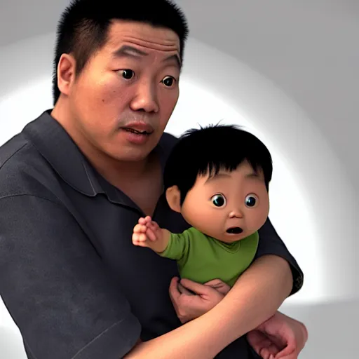 Image similar to shocked asian man holds black baby at hospital, he can ’ t believe his eyes, award winning art, pixar, 3 d render, unreal engine