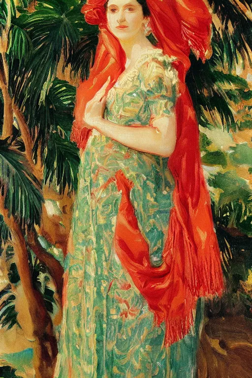 Image similar to a girl with arabesque red and green and golden detailed scarf set on a detailed persian carpet, tree palms in background, painting by john singer sargent