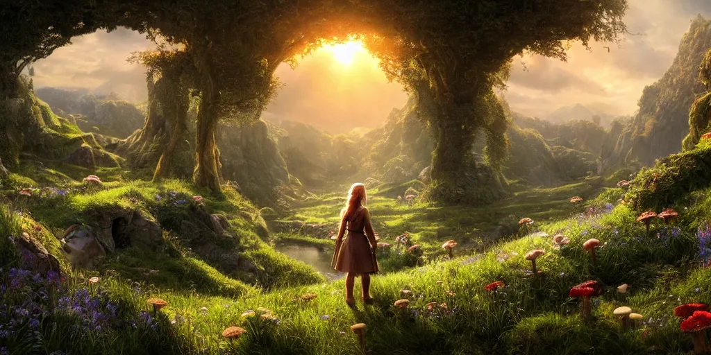 Image similar to a fairy in the lord of the rings scenery landscape, looking out at a vast lush valley flowers and homes made of mushrooms, mysterious ， stream, sunrise, wallpaper ， god's rays highly detailed, vivid color, cinematic lighting, perfect composition, 8 k, gustave dore, derek zabrocki, greg rutkowski, belsinski, octane render