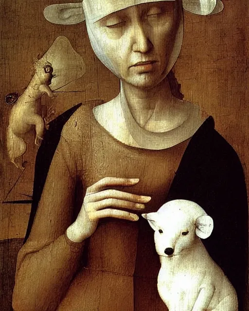 Image similar to Lady with an Ermine by Leonardo painting by Hieronymus Bosch