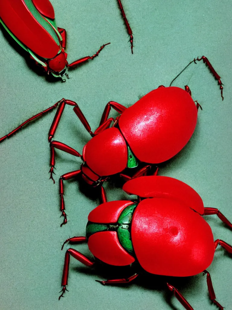 Prompt: subsurface scattering. studio photography by slim aarons, by zhang kechun, by lynda benglis. close - up shot of a beautiful red white and light green beetle. insect eyes. complementary color scheme. high quality highly detailed award winning photograph by national geographic. soft volumetric light, smooth gradient.