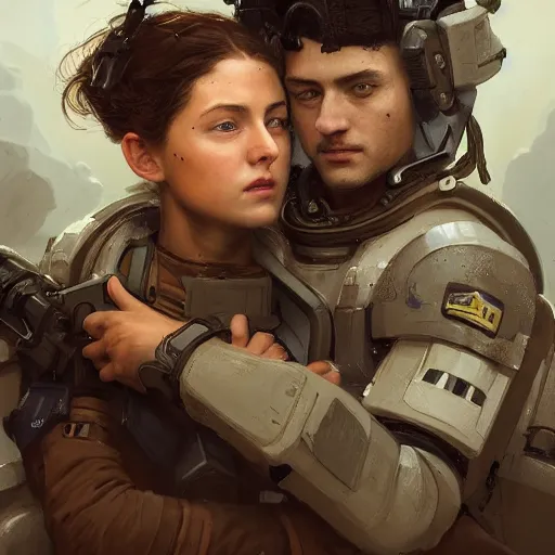 Image similar to epic portrait an space soldier hugging an female medic soldier, battlefield, explosions, cloudy, digital painting, artstation, concept art, soft light, hdri, smooth, sharp focus, illustration, fantasy, intricate, elegant, highly detailed, D&D, matte painting, in the style of Greg Rutkowski and Alphonse Mucha and artemisia, 8k, highly detailed, jurgens, rutkowski, bouguereau, pastoral, rustic, georgic, detailed concept art, illustration, colorful pastel, painting, detail, ultra detailed, digital art, 4K,