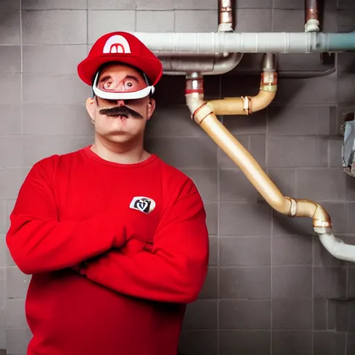 Image similar to an plumber wearing a red outfit and having a moustache and a red hat saying m, cinematography, photography, highly defined features, hdr,