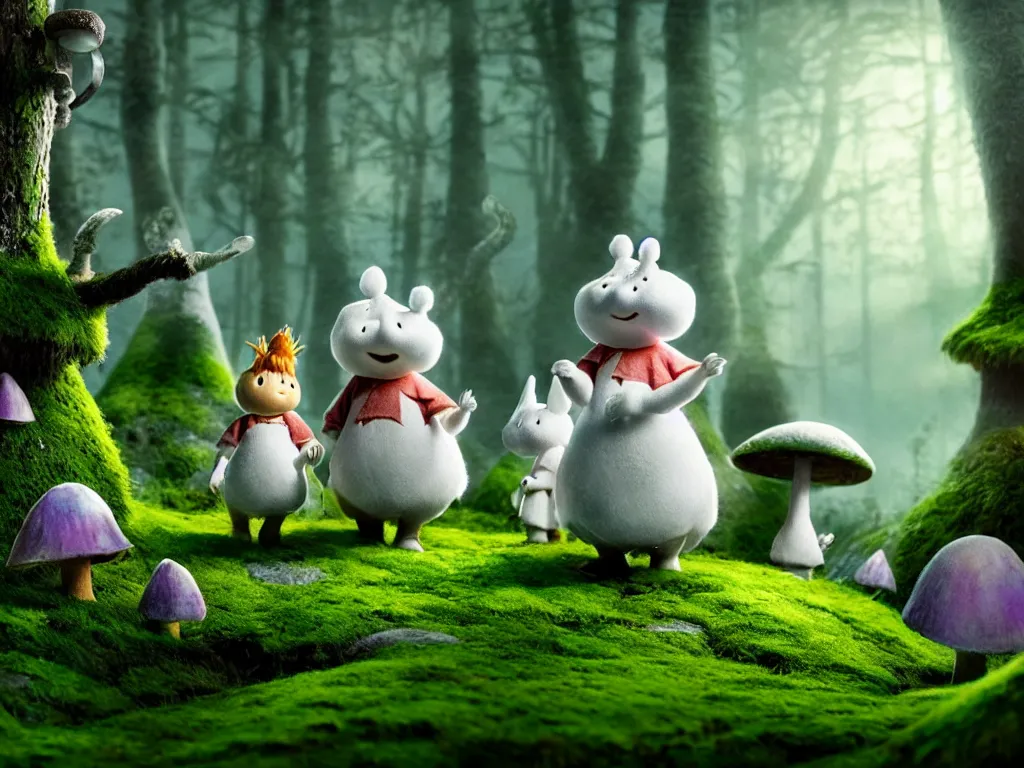 Image similar to the moomins wearing fluffy knight armor discovering the enchanted forest full of magic trees, giant mushrooms and moss and many fairies glowing in the dark, photorealistic painting, cgi, low volumetric light, movie still, very cute and cozy and fluffy and sweet