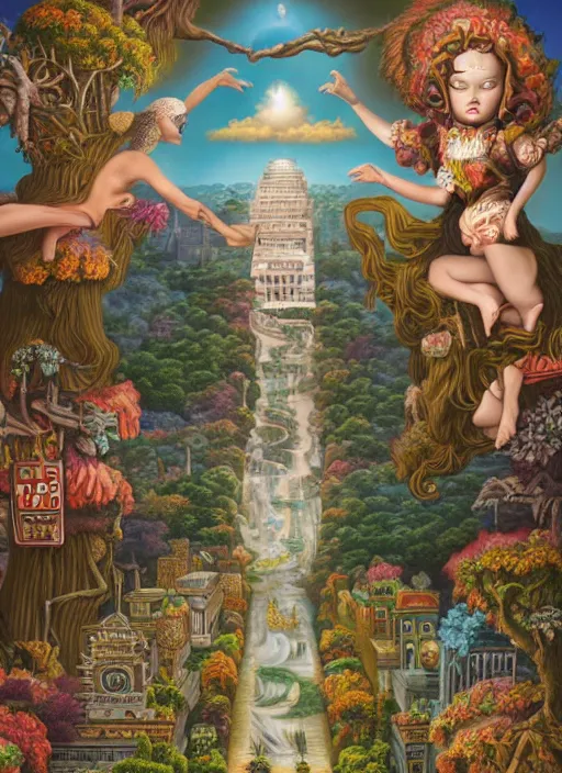 Image similar to the city of the gods and the nature spirits by Mark Ryden and Alex Gross, Todd Schorr highly detailed