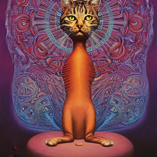 Prompt: a cat having an ego trip under lsd, by alex grey, by Esao Andrews and Karol Bak and Zdzislaw Beksinski and Zdzisław Beksiński, trending on ArtStation