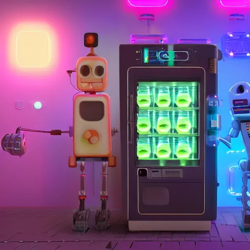 Prompt: friendly sentient robot vending machine smiling with a face of pastel led lights, made of cheap materials, selling cheap junk food in a city comprised of light matter, set in the distant future, plants, light prisms, rainbow diffraction, steampunk, cyberpunk, robots, warm lights, anime, vhs distortion, art style mimics starlight brigade by game grumps