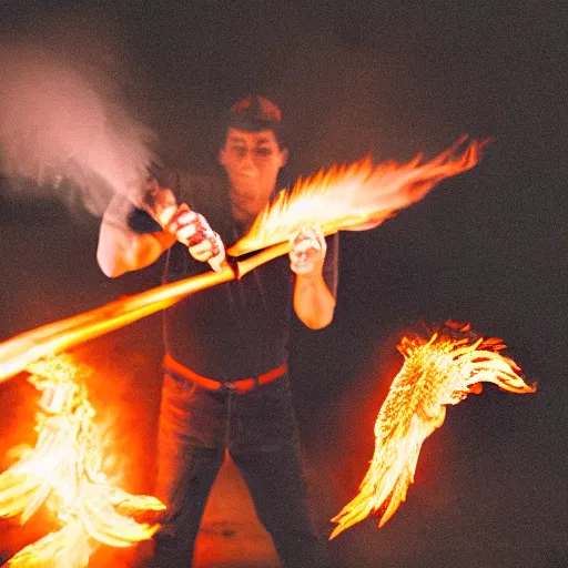 Image similar to photo of a man with flaming black wings and shooting fire out of his hands