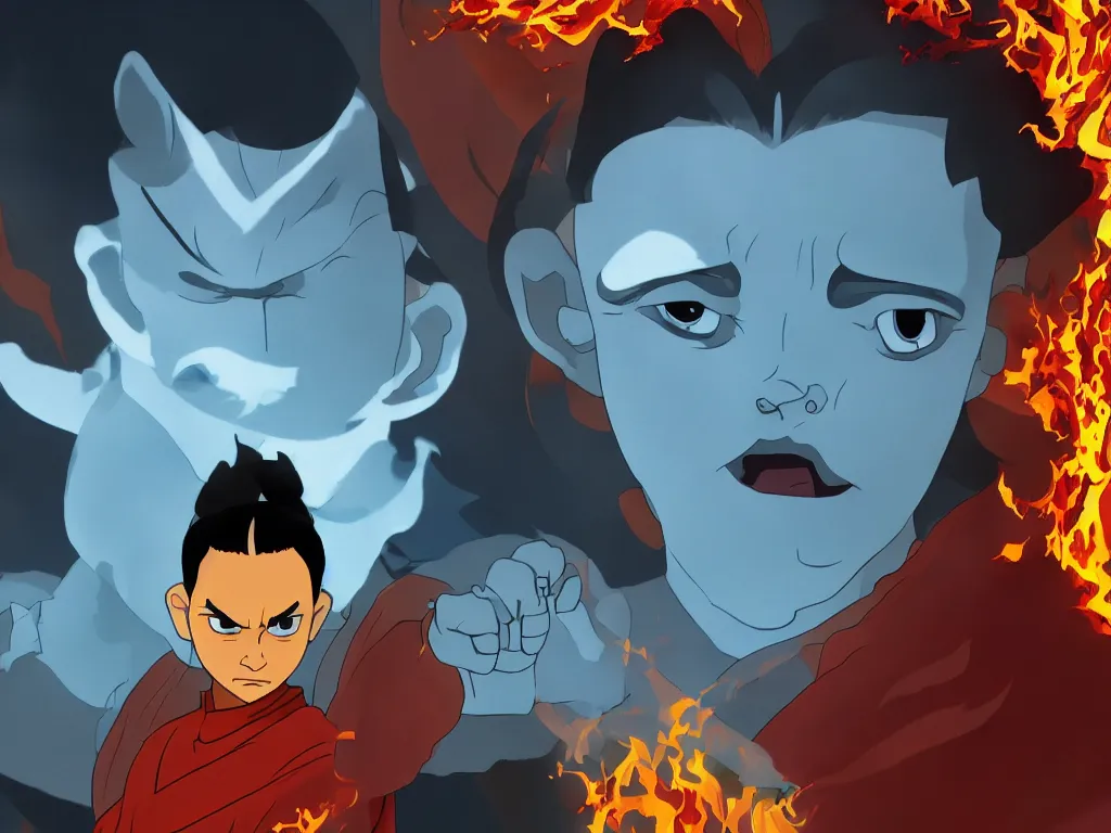 Image similar to elijah wood as fire lord ozai, firebending, in the style of avatar the last airbender, 4 k, intense