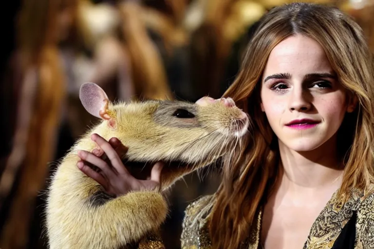 Prompt: photo, emma watson as furry antropomorphic rat, eats cheese, highly detailed, intricate details