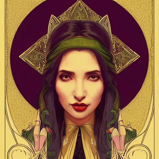 Image similar to head-on symmetrical centered painted portrait, Mahira Khan as a D&D wizard, art nouveau, tarot card style, medieval robes, fantasy, intricate, elegant, highly detailed, smooth, sharp focus, illustration, artstation, in the style of Artgerm and Anna Podedworna and Alex Ross and Mucha